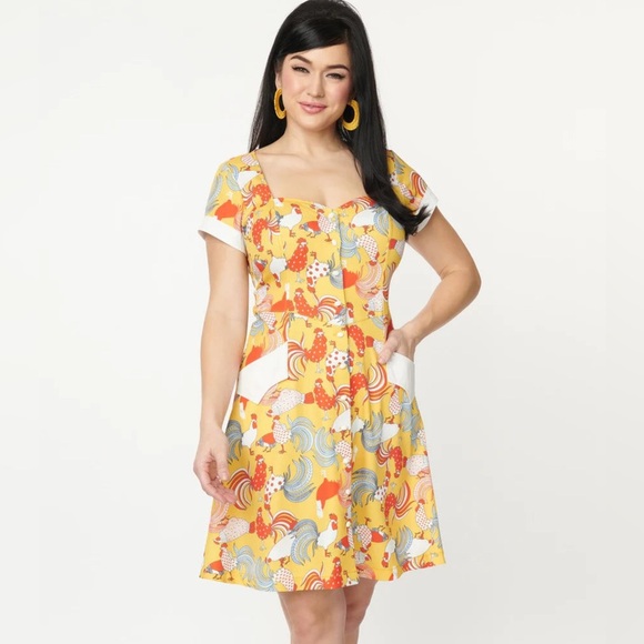 Unique Vintage Dresses & Skirts - NWT L UNIQUE VINTAGE Mustard-Red rooster 50’s cosplay egg button fit flare dress